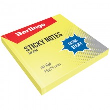 Бумага для заметок с липким краем Berlingo "Ultra Sticky", 75*75мм, 80л, желтый неон