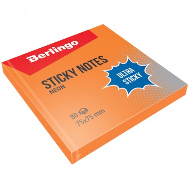 Бумага для заметок с липким краем Berlingo "Ultra Sticky", 75*75мм, 80л, оранжевый неон