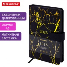Ежедневник датированный 2025 А5 138x213 мм BRAUBERG "Goldy", под кожу, цветной срез, черный