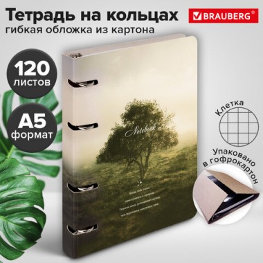 Тетрадь на кольцах А5 160х212 мм, 120 листов, картон, матовая ламинация, клетка, BRAUBERG, "Nature"