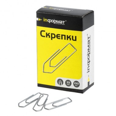 Скрепки inФормат с углом, 33 мм, 100 шт., никелированные
