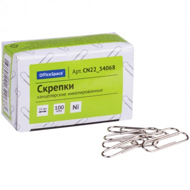 Скрепки 22мм, OfficeSpace, 100шт., никелированные,