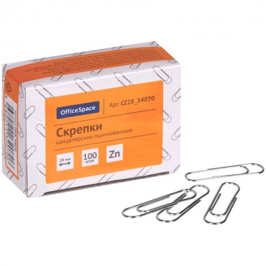 Скрепки 28мм, OfficeSpace, 100шт., оцинкованные