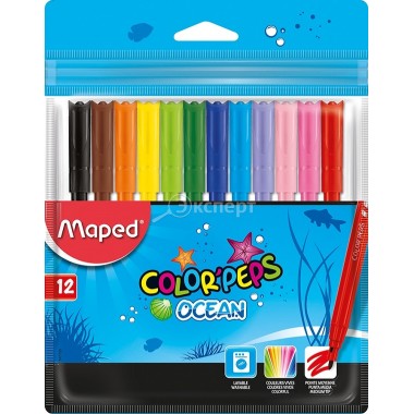 Фломастеры Maped Color Peps Ocean суперсмываемые, 12 цветов, толщина линии 1-2 мм, вентилируемый колпачо