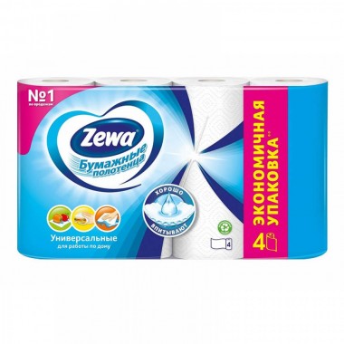 Полотенца бумажные двухслойные "Zewa" (в рулоне), 4 рулона, белые